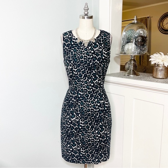 J. Crew Jacquard Cotton Sheath Dress Black Green Leopard Print 2 - Picture 3 of 11